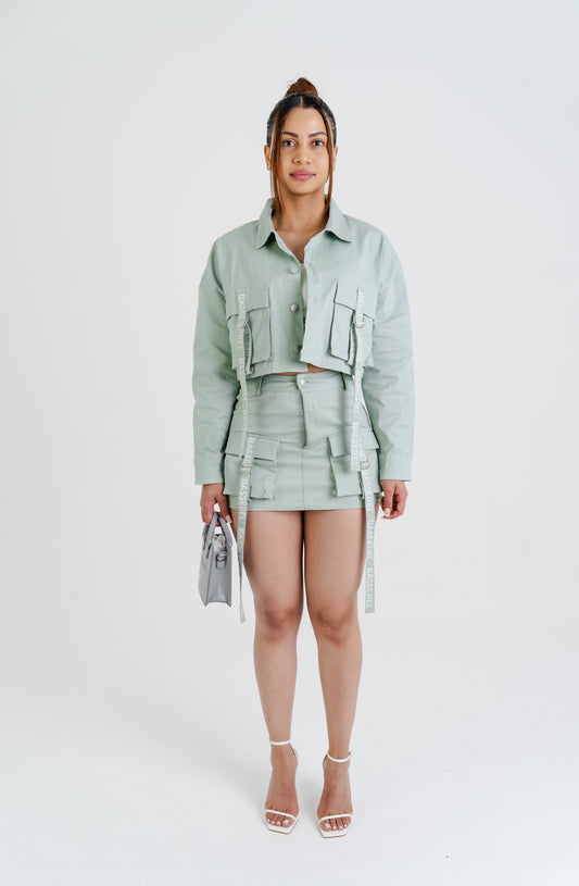 Green high waist cargo skirt and green cropped cargo jacket styled together as a matching set